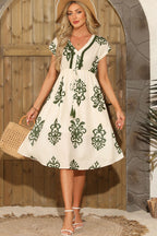 Green Abstract Print Embroidered Trim V Neck Drawstring High Waist Loose Vacation Dress