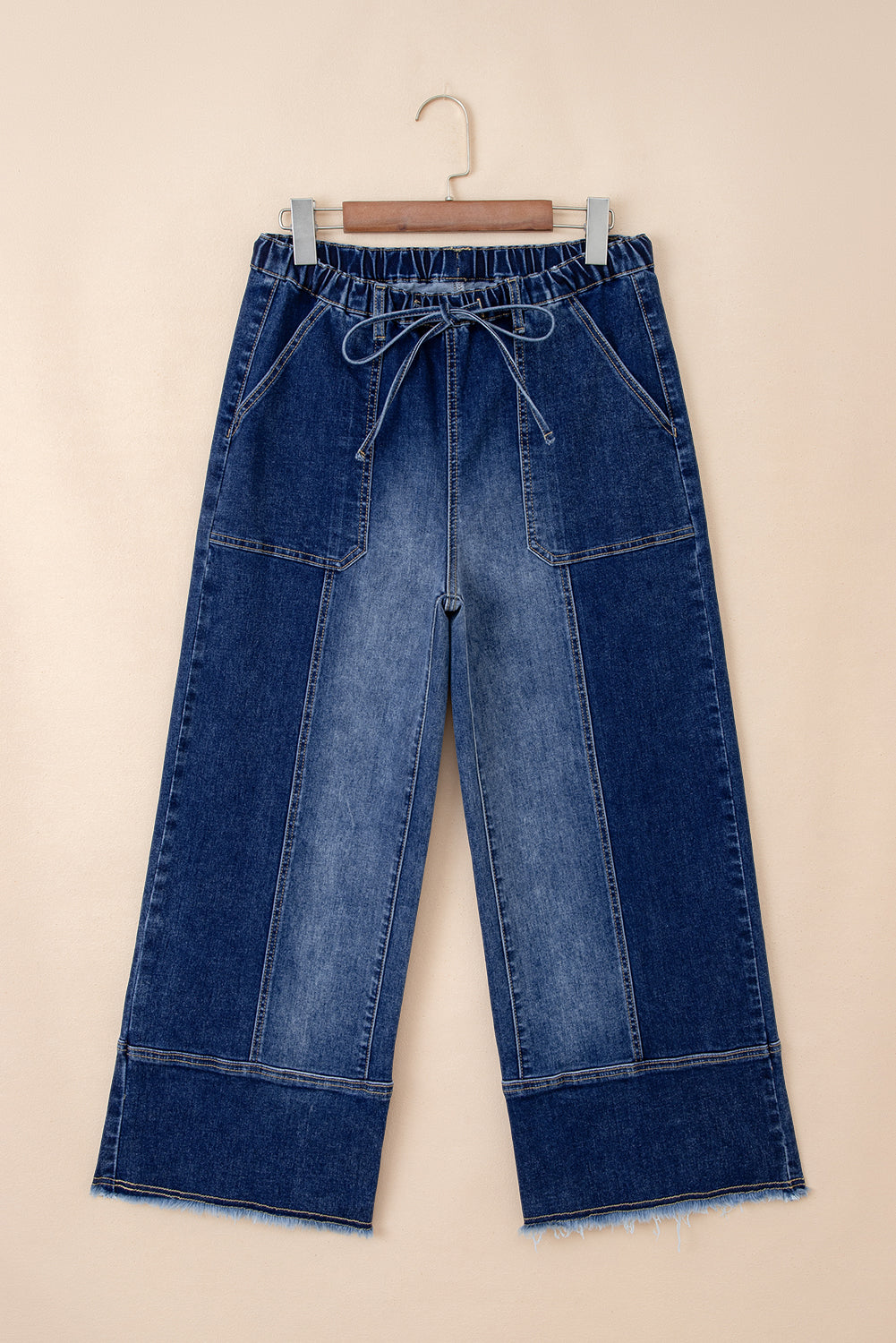 Gray Drawstring Seam Detail Raw Hem Wide Leg Jeans