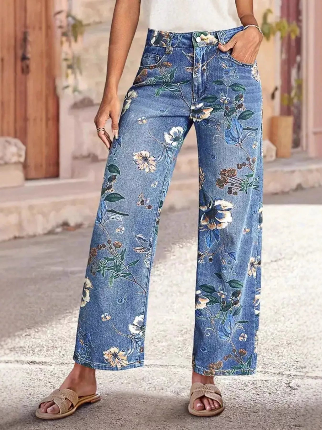 Floral Print Wide Leg Jeans Light Blue