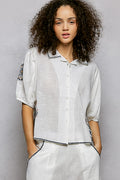 POL Button Down Embroidered Floral Short Sleeve Shirt IVORY MULTI
