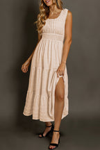 Apricot Shirred Pleated Square Neck Sleeveless Midi Dress