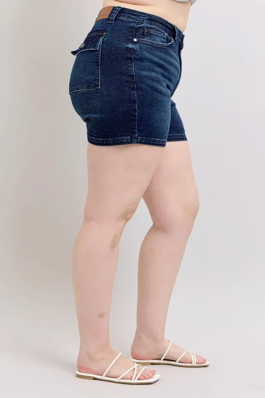 Judy Blue High Waist Back Flap Pocket Dark Wash Denim Shorts