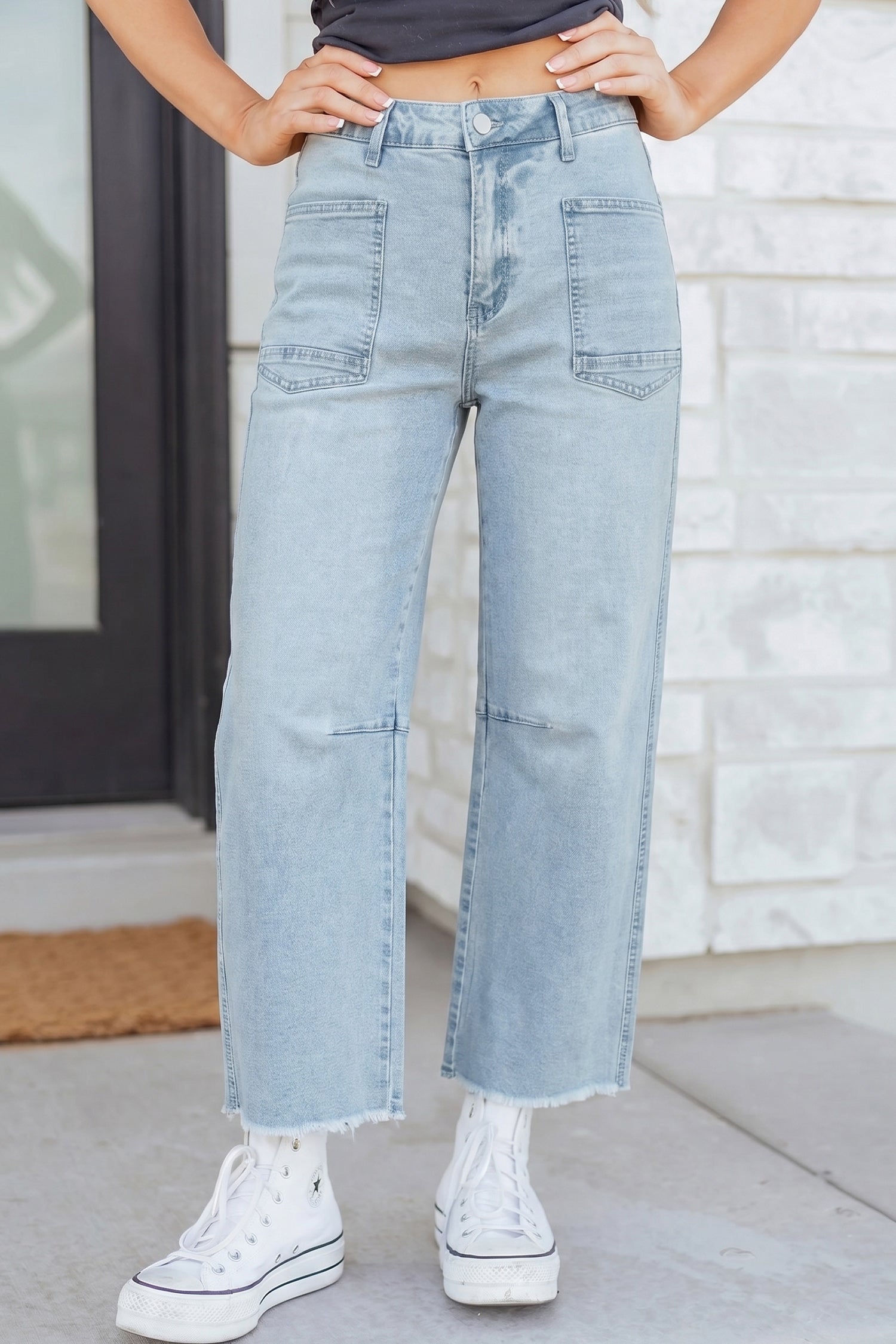 Black Frayed Cropped Straight Jeans Beau Blue 65%Cotton+33%Polyester+2%Elastane