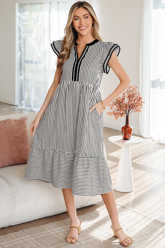 Black Stripe Double Ruffled Short Sleeve Contrast Trim V Neck Midi Dress Black Stripe 60%Polyester+35%Cotton+5%Elastane