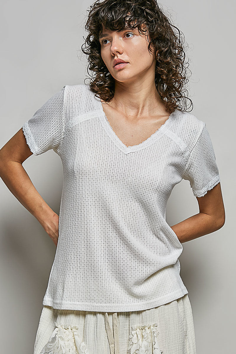 POL Lace Detail V-Neck Short Sleeve Textured T-Shirt OFF WHITE