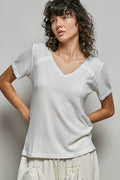POL Lace Detail V-Neck Short Sleeve Textured T-Shirt OFF WHITE