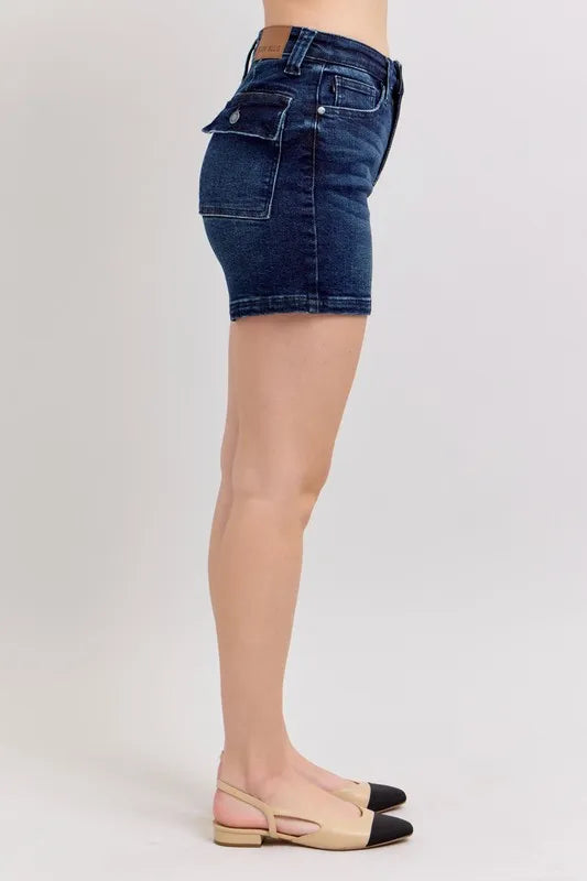 Judy Blue High Waist Back Flap Pocket Dark Wash Denim Shorts