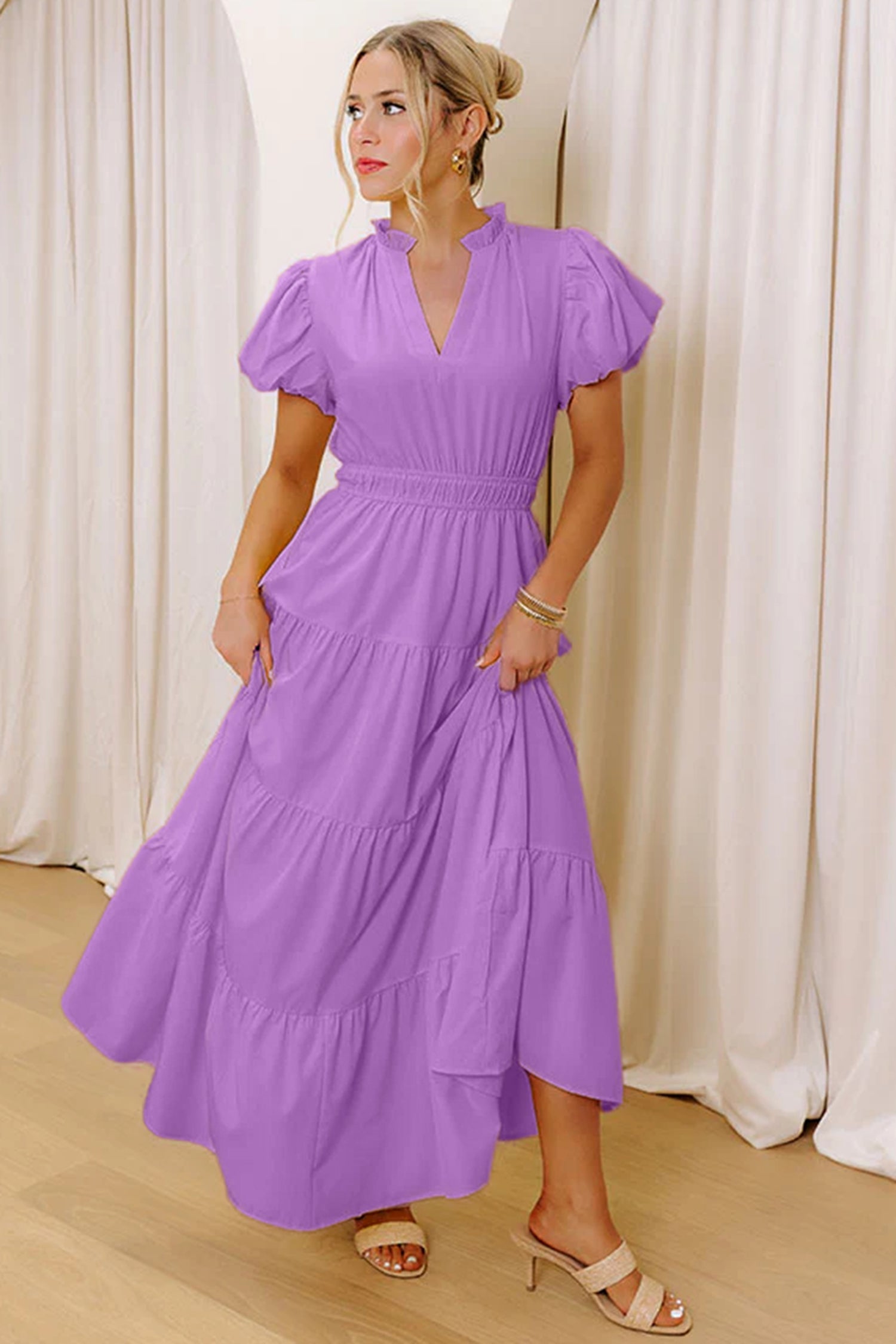 Gossamer Pink Solid Color V Neck Short Puff Sleeve High Waist Tiered Maxi Dress