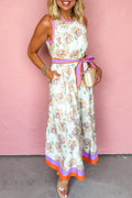 White Floral Print Color Block Trim Belted Sleeveless Maxi Dress White 100%Polyester