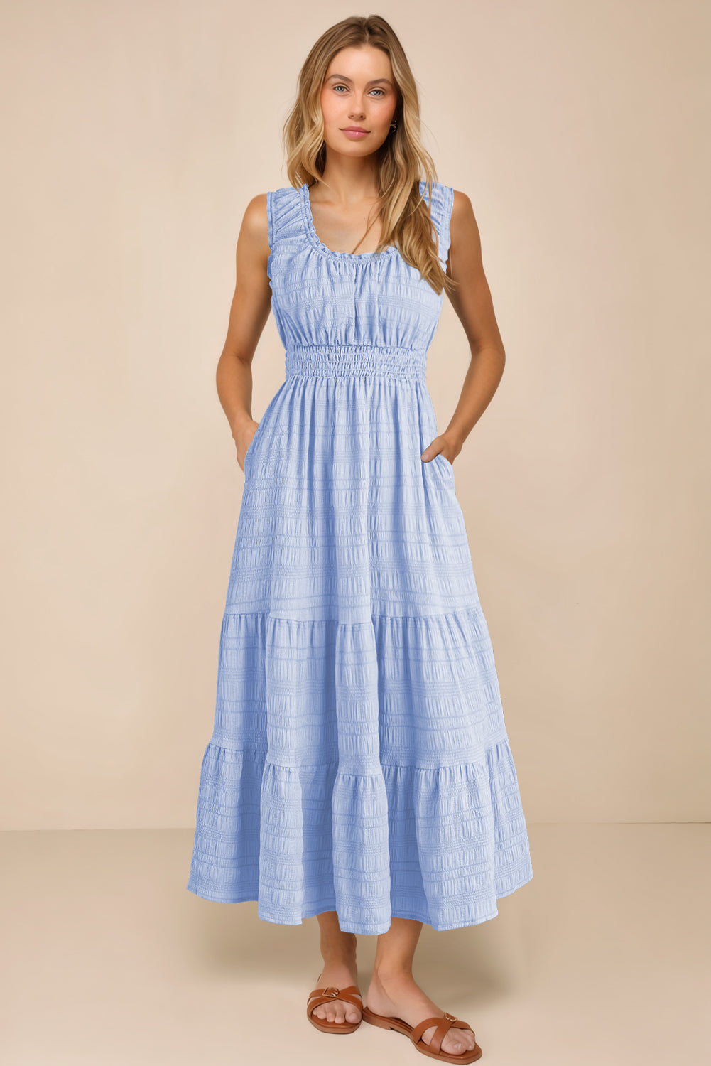 Apricot Shirred Pleated Square Neck Sleeveless Midi Dress