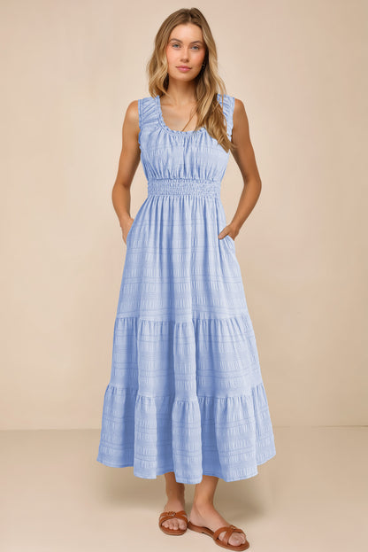 Apricot Shirred Pleated Square Neck Sleeveless Midi Dress