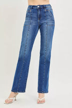RISEN High Rise Straight Patch Pocket Seamed Jeans Dark