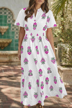White Floral Print Split Neck Shirred High Waist Ruffle Hem Maxi Dress White 55%Cotton+45%Viscose