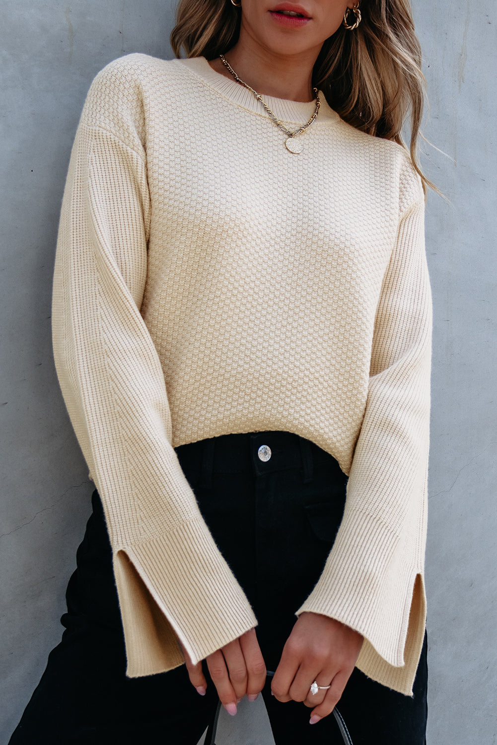 Parchment Solid Textured Knit Split Cuff Drop Shoulder Loose Sweater Parchment 50%Viscose+28%Polyester+22%Polyamide
