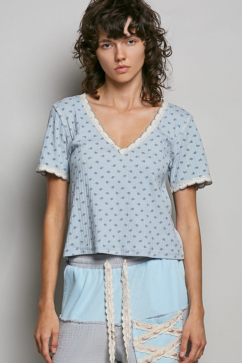 POL Floral V-Neck Short Sleeve Rib T-Shirt BABY BLUE