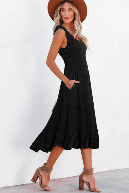 Apricot Shirred Pleated Square Neck Sleeveless Midi Dress