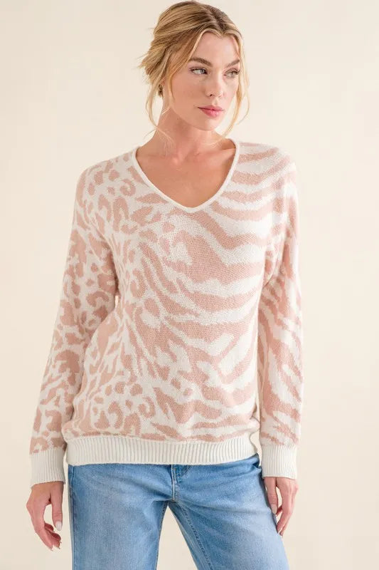 And The Why Leopard Zebra Combo Casual Sweater Top PALE PINK