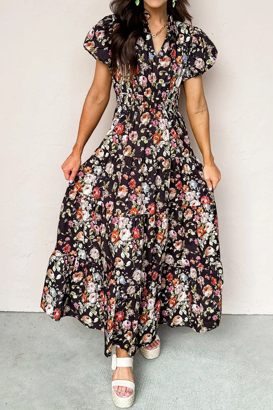 Black Floral Print V Neck Pleated Tiered Maxi Dress Black 55%Cotton+45%Viscose