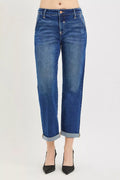 RISEN Slouchy Cropped Boyfriend Jeans with Cuffed Hem DARK