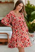 Red Floral 3/4 Sleeve Square Neck Smocked Mini Dress