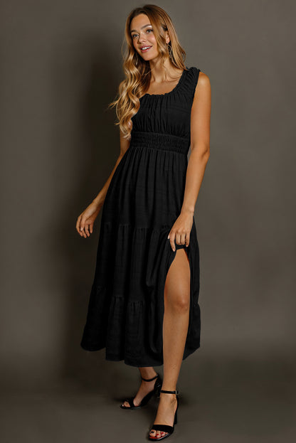 Apricot Shirred Pleated Square Neck Sleeveless Midi Dress
