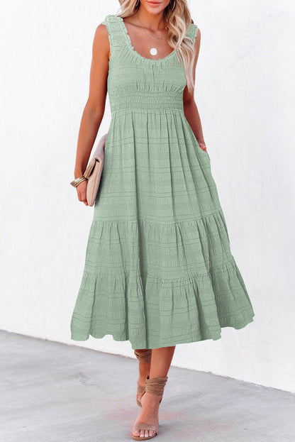 Apricot Shirred Pleated Square Neck Sleeveless Midi Dress Green 95%Polyester+5%Elastane