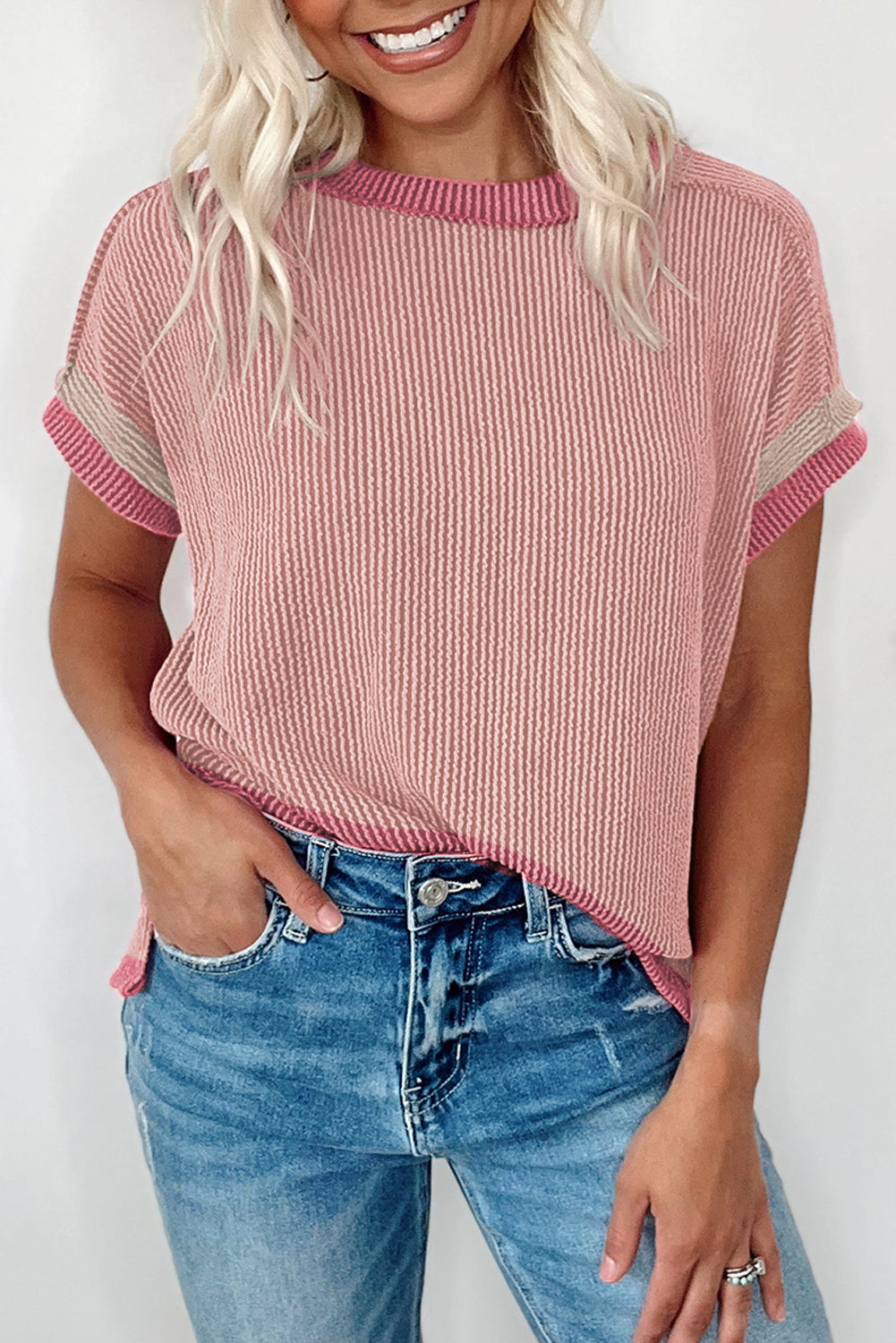 Bright Pink Textured Contrast Trim Round Neck T Shirt Light Pink 75%Polyester+20%Viscose+5%Elastane