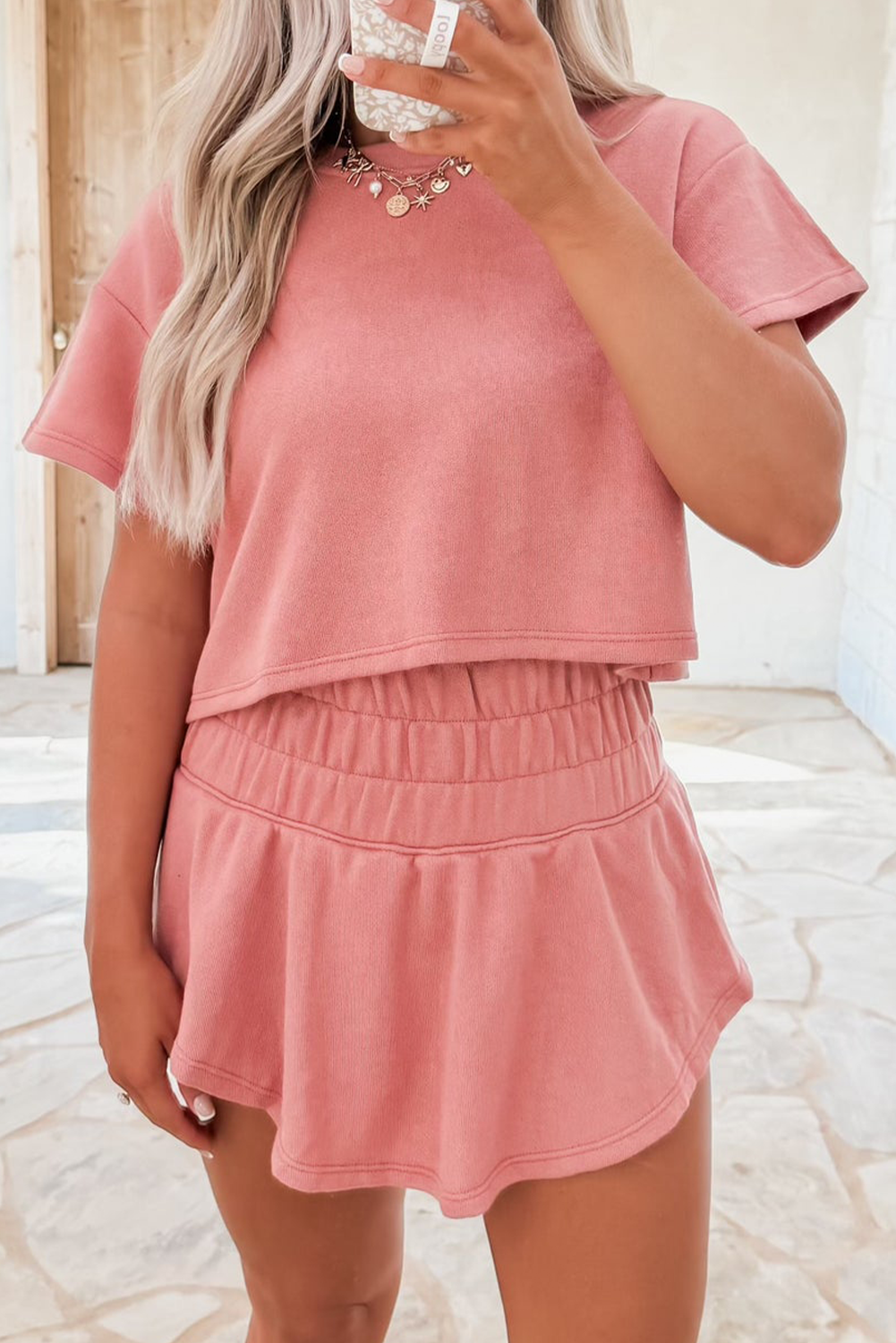 Black 2pcs Cropped Tee and Ruffle High Waist Skort Set Blossom 75%Polyester+20%Cotton+5%Elastane