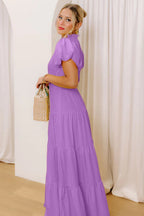 Gossamer Pink Solid Color V Neck Short Puff Sleeve High Waist Tiered Maxi Dress