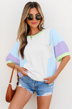 Purple Color Block Patchwork Half Sleeve Oversized T Shirt