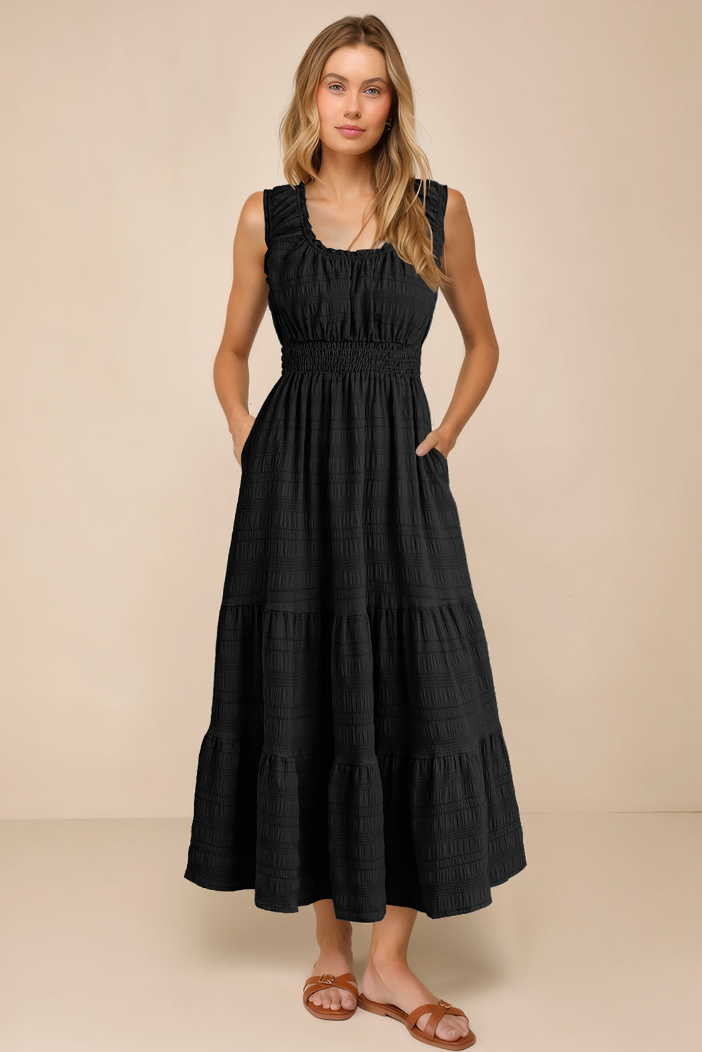 Apricot Shirred Pleated Square Neck Sleeveless Midi Dress