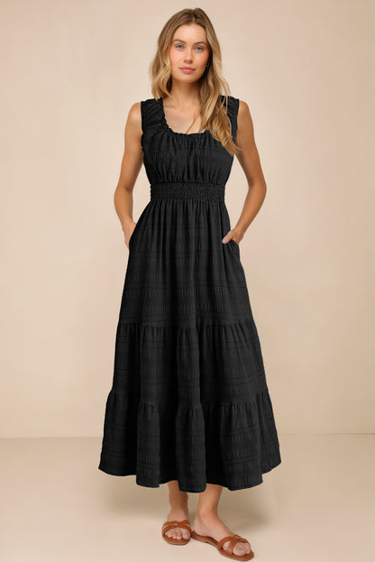 Apricot Shirred Pleated Square Neck Sleeveless Midi Dress