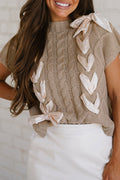 Simply Taupe Cable Knit Colorblock Satin Bowknot Short Sleeve Sweater Simply Taupe 100%Acrylic