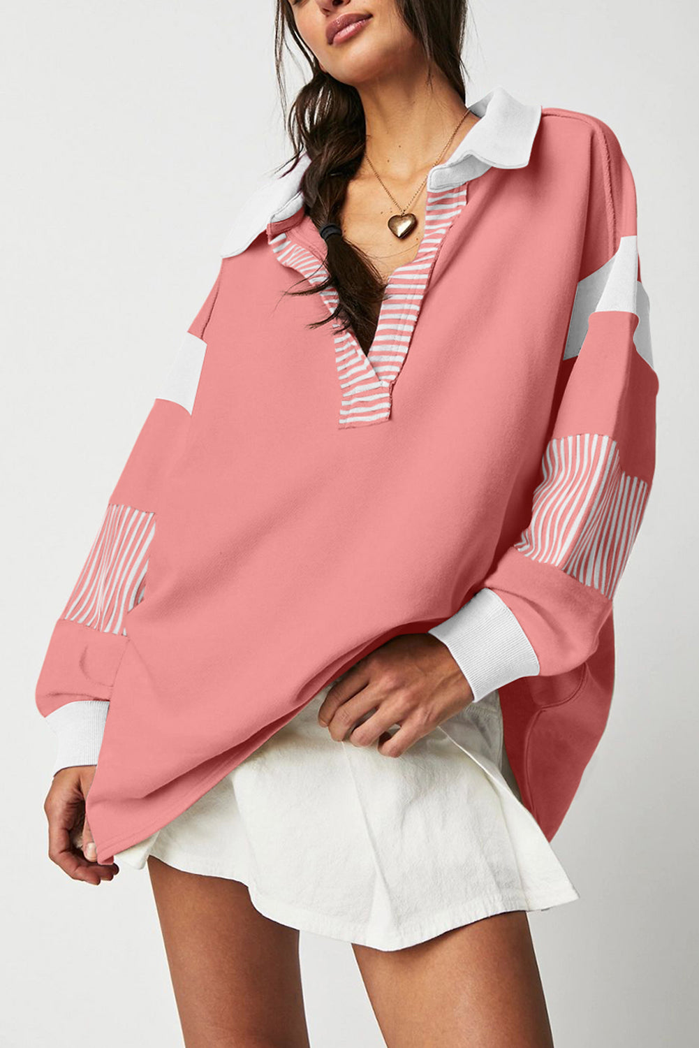 Black Striped Colorblock Patchwork Collar Sweatshirt Pale Chestnut 50%Polyester+50%Cotton