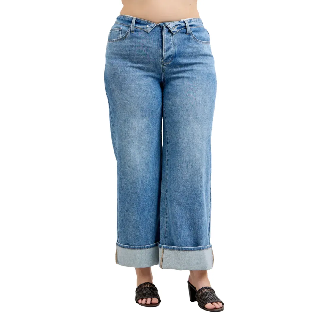 Judy Blue Mid Rise Fold Over Waistband Straight Denim Jeans 881100