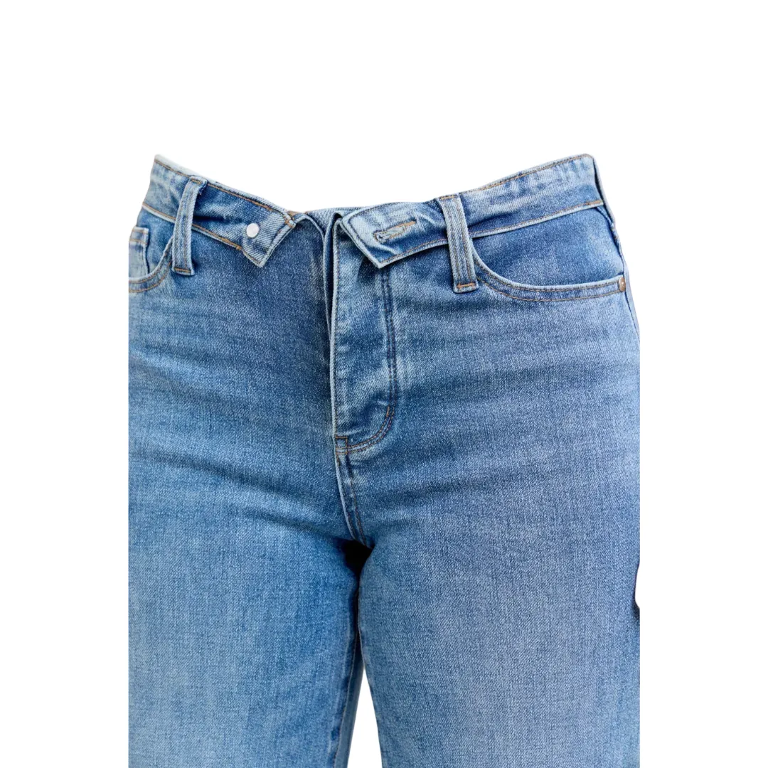Judy Blue Mid Rise Fold Over Waistband Straight Denim Jeans 881100