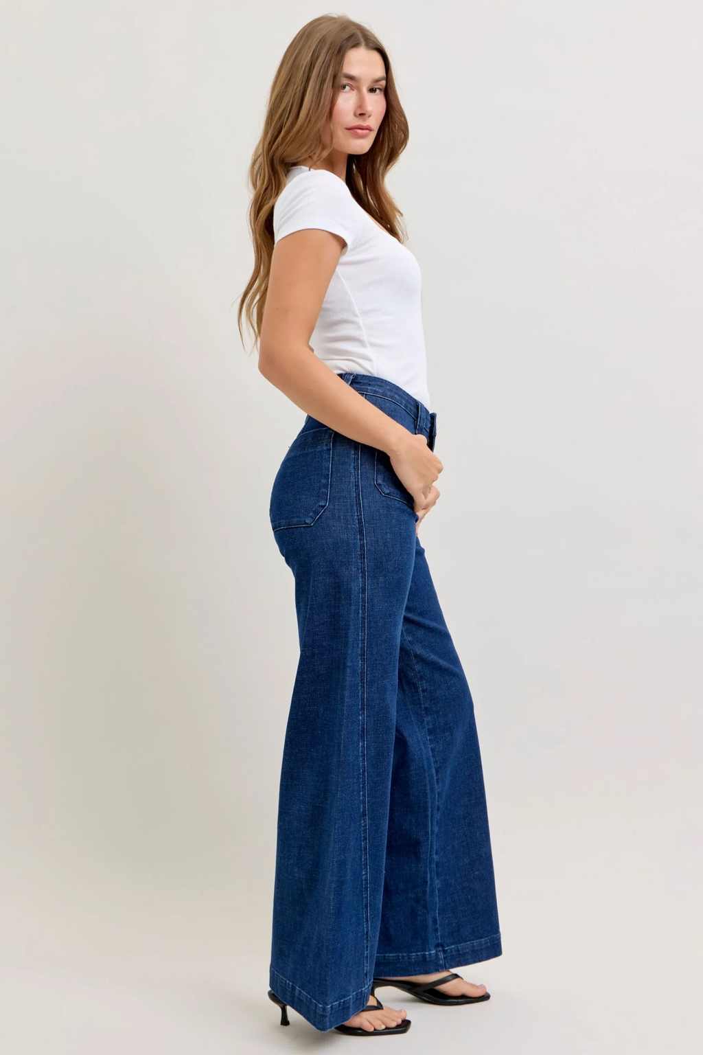 Judy Blue High Waist Patch Pockets & Twisted Seam Retro Wide Leg Denim Jeans 881092