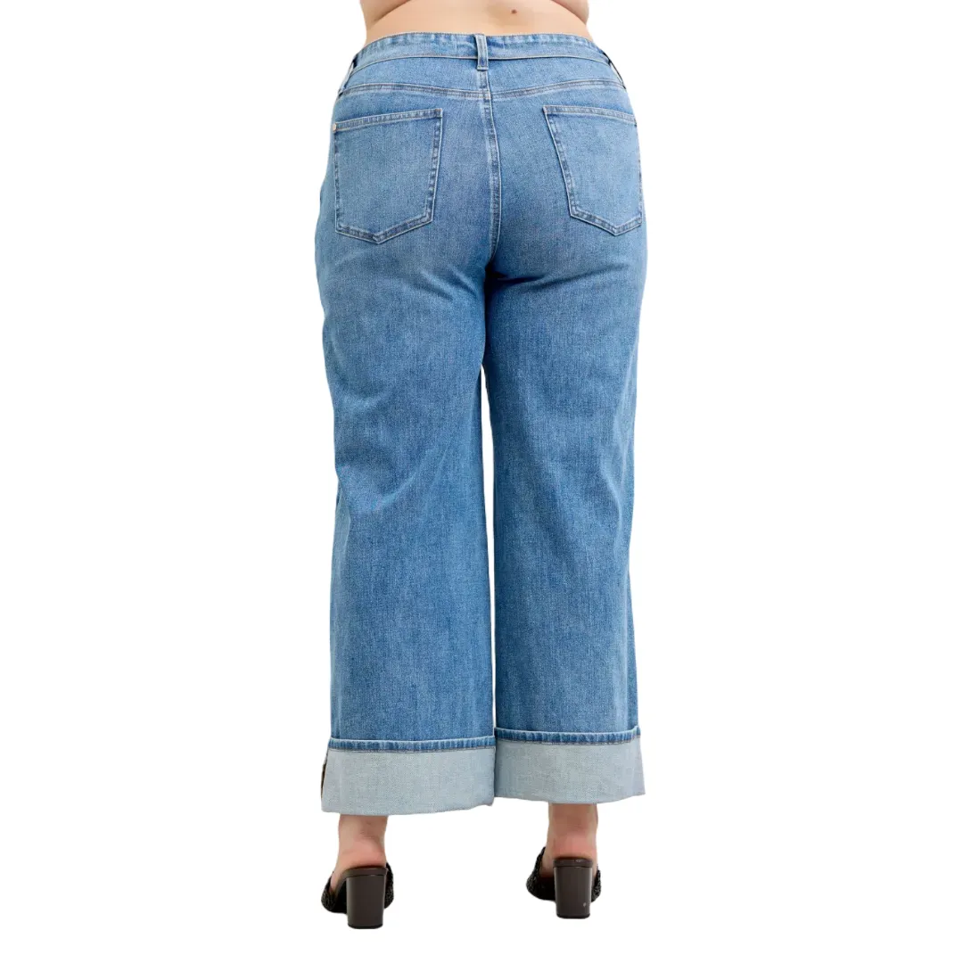 Judy Blue Mid Rise Fold Over Waistband Straight Denim Jeans 881100