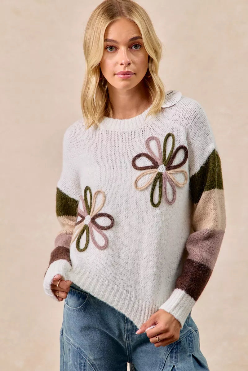BiBi Flower Color Block Sweater IVORY COMBO