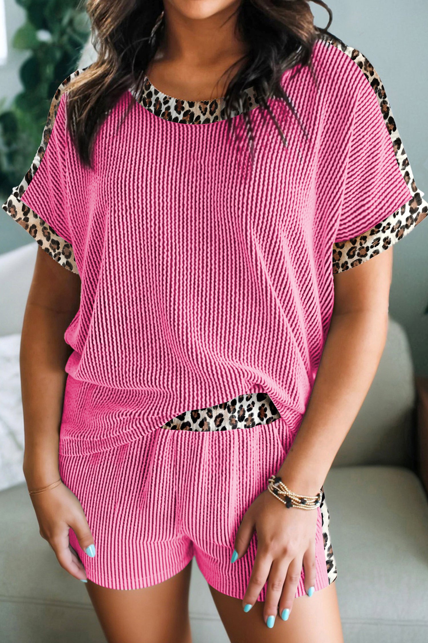 Light Grey Leopard Trim Twist Ribbed Short Set Sachet Pink 75%Polyester+20%Viscose+5%Elastane