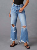 Distressed Raw Hem Flare Jeans Blue