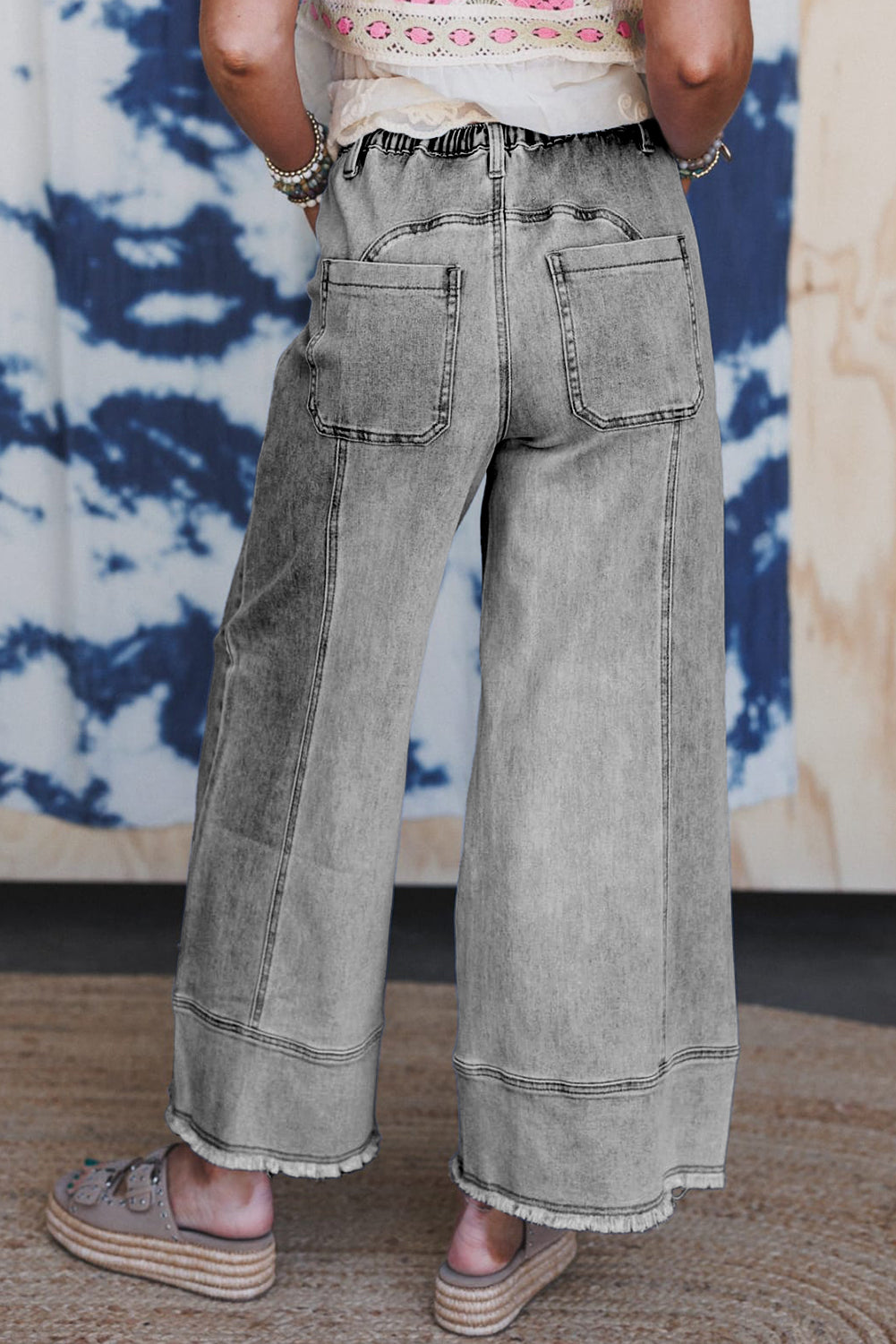 Gray Drawstring Seam Detail Raw Hem Wide Leg Jeans