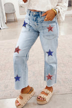 Beau Blue Patriotic Sequin Stars Patch Pocket Shift Jeans Beau Blue 65%Cotton+33%Polyester+2%Elastane