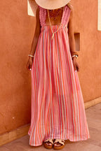 Pink Stripe Ruffled Straps Ribbon Knot Flowy Vacation Maxi Dress Pink Stripe 65%Polyester+35%Cotton