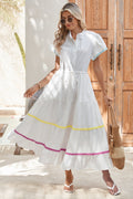 White High Waist Short Sleeve Tiered Shirt Dress White 100%Cotton