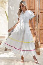 White High Waist Short Sleeve Tiered Shirt Dress White 100%Cotton