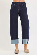 RISEN Slouchy Crop Barrel Cuffed Hem Jeans PGC21709 - SOLID DARK