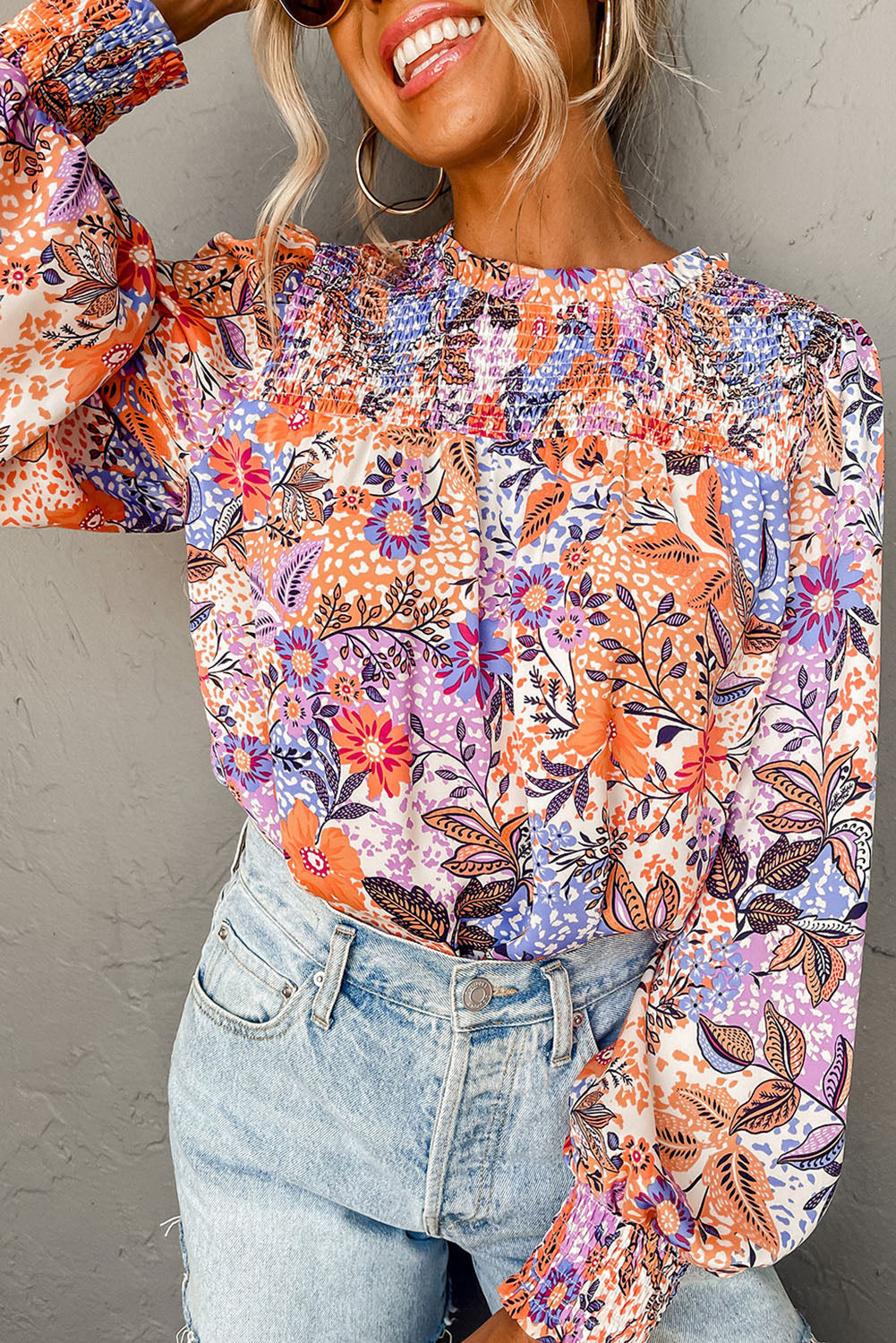 Multicolour Floral Bishop Sleeve Frilled Round Neck Blouse Multicolour 100%Viscose