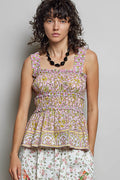 POL Smocked Printed Square Neck Peplum Tank with Ruffle Trim PINK MULTI