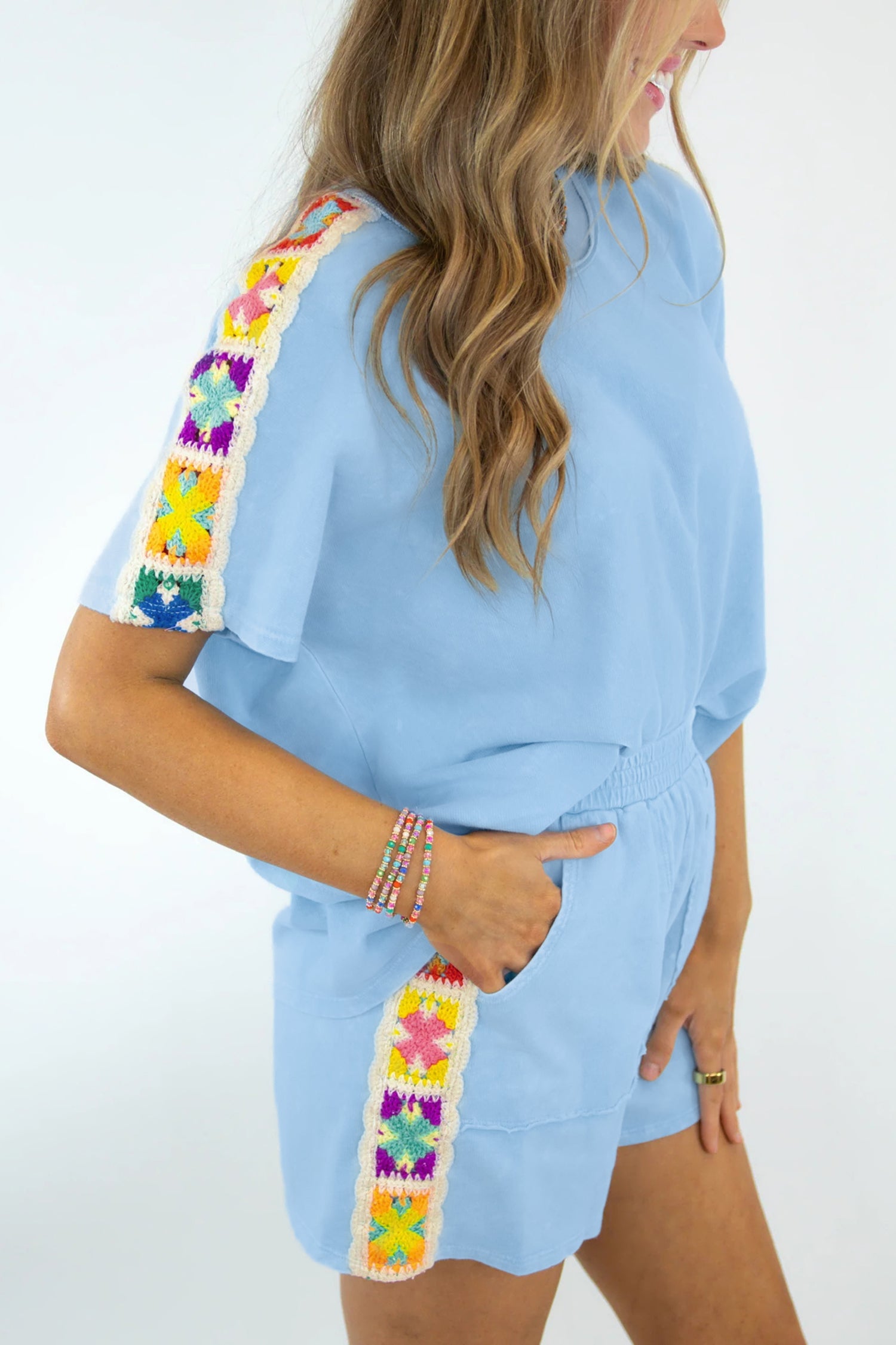 Mist Blue Granny Square Crochet Detail Short 2pcs Set Mist Blue 80%Cotton+20%Polyester